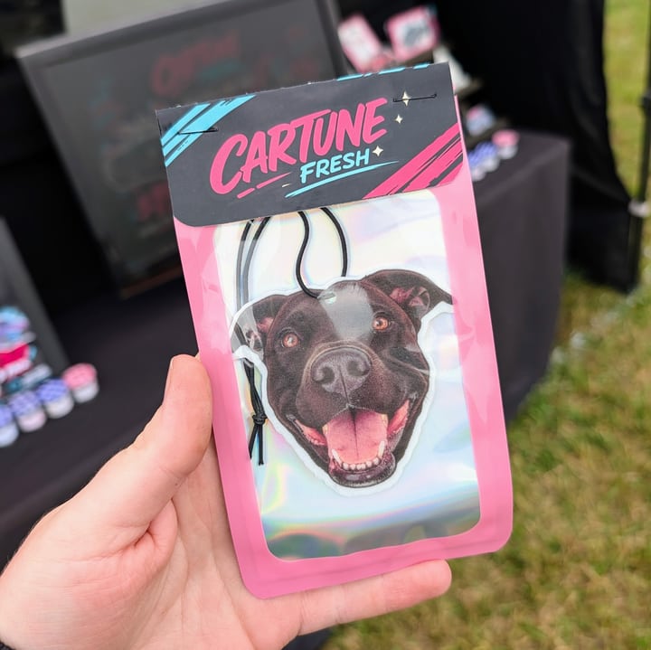 A finished dog portrait air freshener in pink Cartune Fresh packaging with a holographic backing.