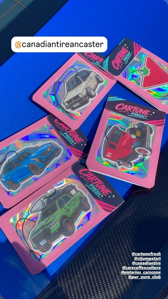 The Cartune Fresh Product highlight preview: packaged custom car air fresheners on a blue surface, with the original Instagram tags.